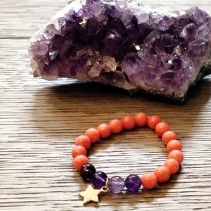 Mala Bracelet Amethyst Super Seven and Coral 6"